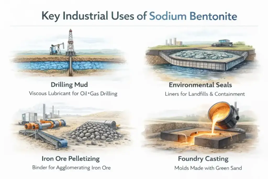 Key industrial uses of sodium bentonite including drilling mud, environmental sealing, iron ore pelletizing, and foundry casting