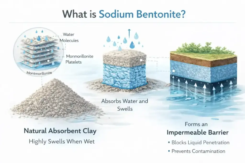 what sodium bentonite is, showing water absorption, swelling behavior, and impermeable barrier formation